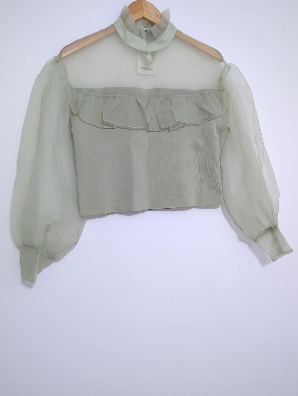 Zara Sage Green Organza Puff Sleeve Ruffle Blouse Sheer Knit Top S - Picture 6 of 6